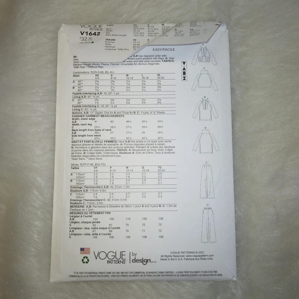 VOGUE V1642 SZ L-XL Misses very loose fitting top and elastic back waist pants.